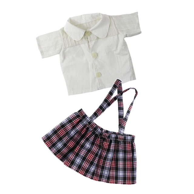 Camiseta de liga de ropa de muñeca de 18 pulgadas Perfecl blanca con falda de tirantes a cuadros