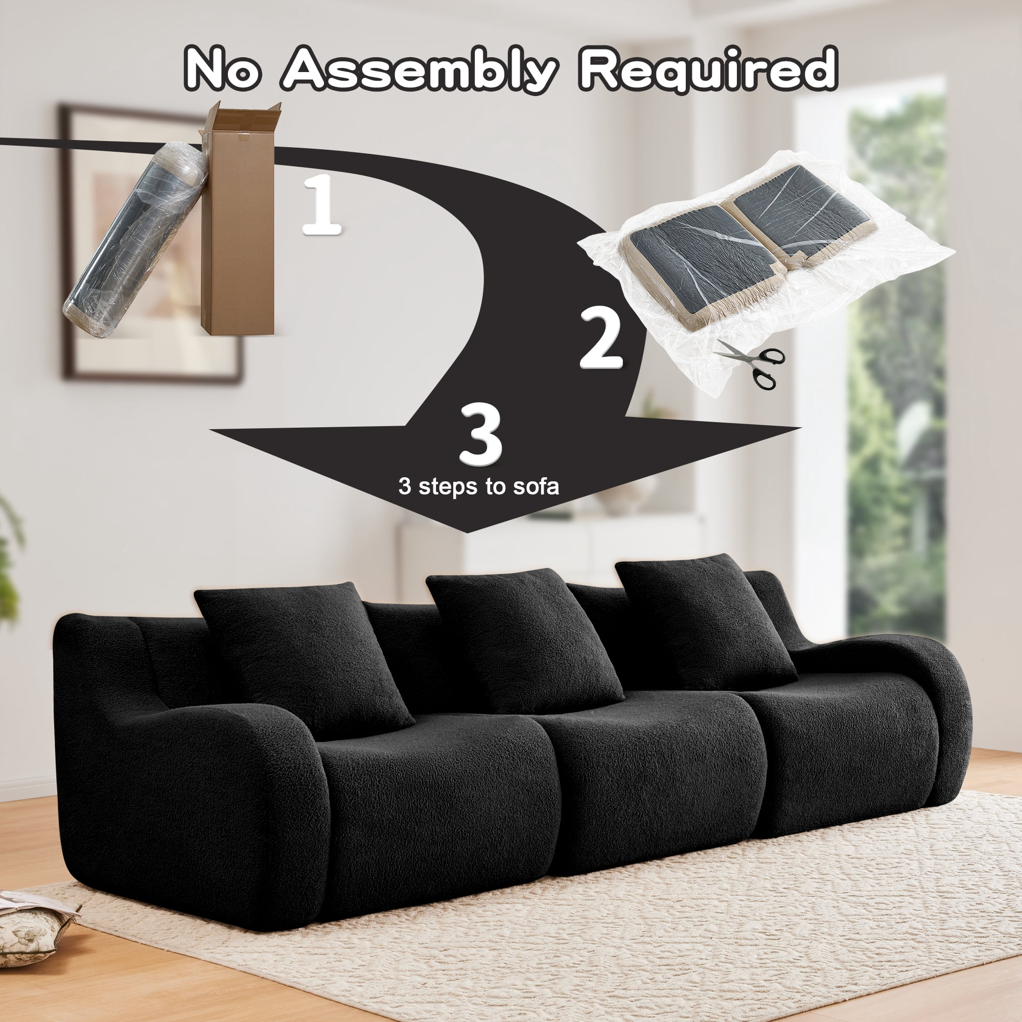 MAYEERTY 115.3" 3-Seat Teddy Fabric Boneless Sofa, Black 300lbs/seat 32D Foam No Assembly Curved Armrest Couch for Living Room Bedroom