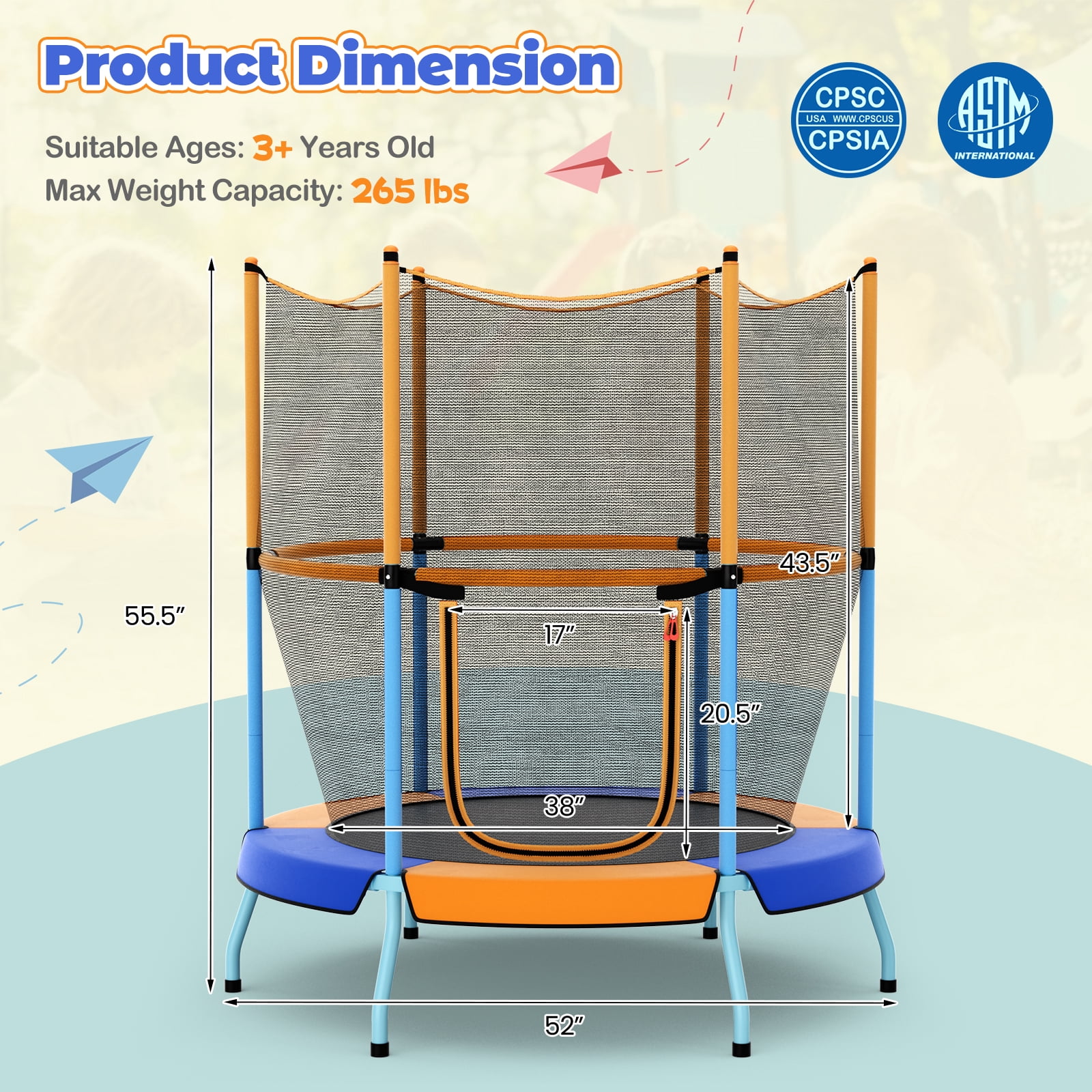 Infans 48"Toddler Trampoline for Kids with Safety Enclosure Net Heavy-duty Frame Orange
