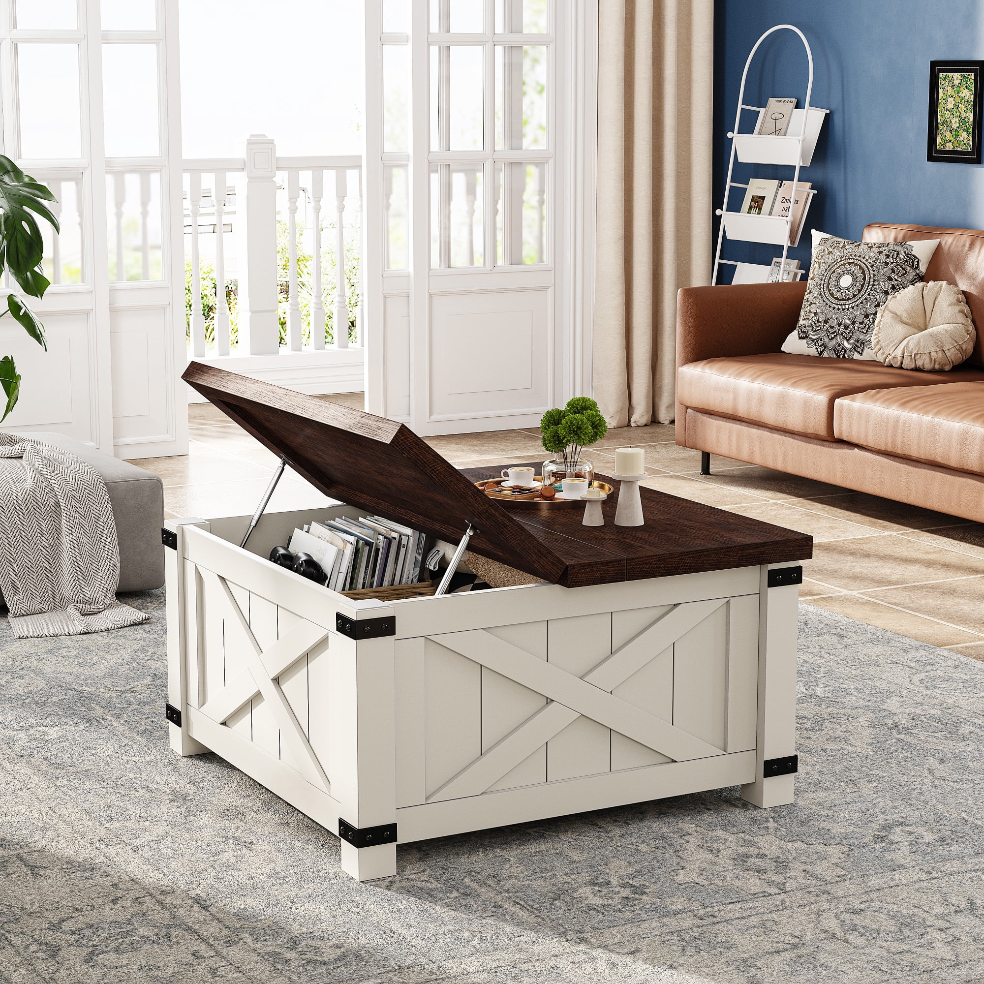 Romorgniz 35.7" W Square Lift Top Coffee Table Farmhouse Coffee Table with Large Hidden Storage Wooden Center Table for Living Room, White