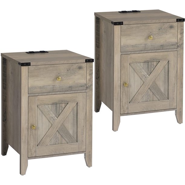 Set of 2 Farmhouse End Table with Charging Station & 1 Drawer, Retro