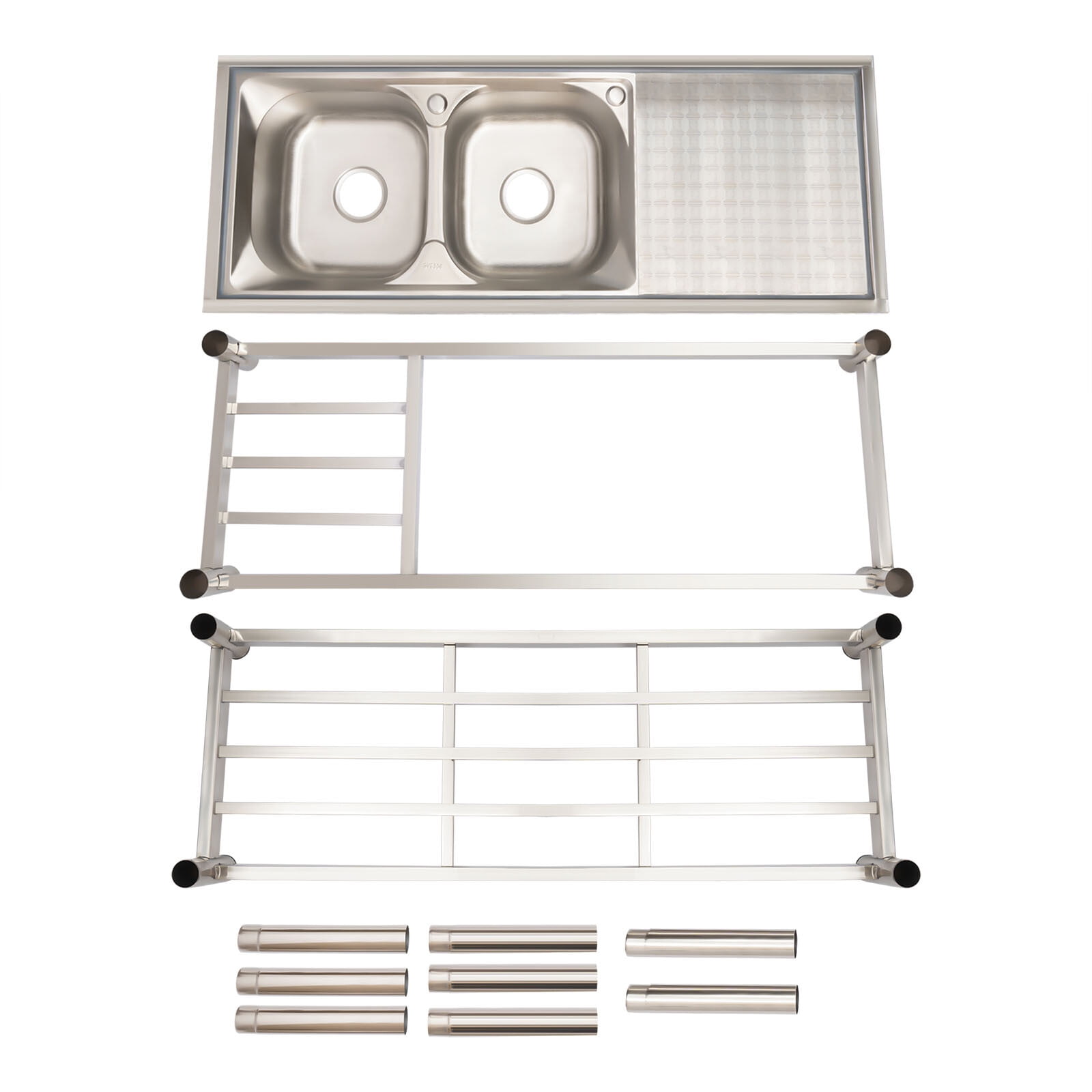 Free Standing Stainless-Steel Double Bowl Commercial Restaurant Kitchen Sink Set w/Faucet & Drainboard