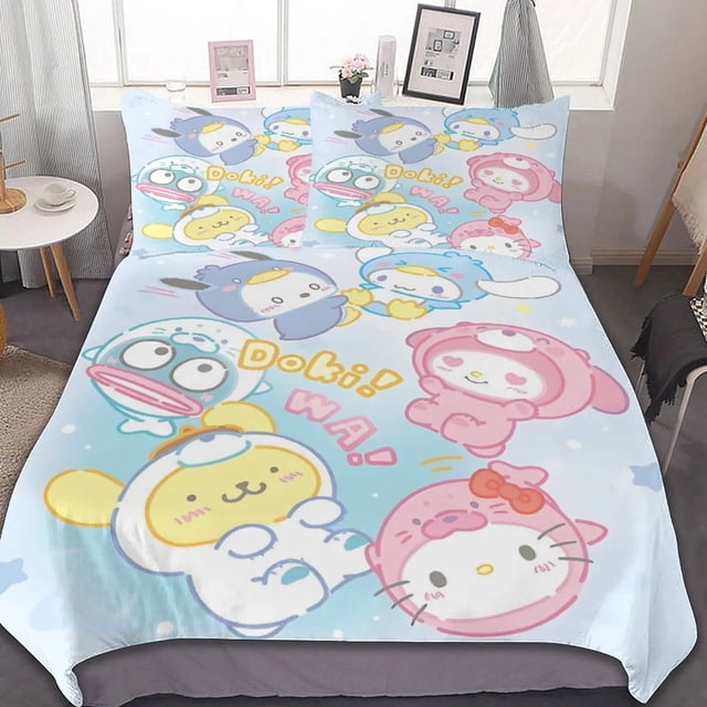 Juego de ropa de cama de dibujos animados para niños, edredón, funda de almohada, edredón de Anime, Kawaii, Cinnamoroll, Sanrio