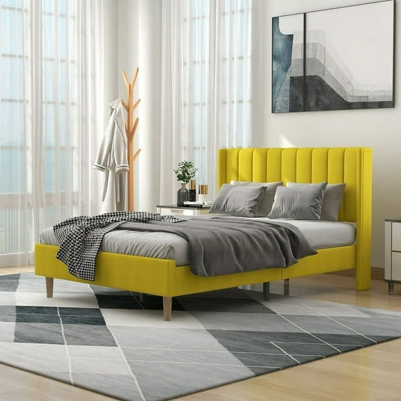 alazyhome Full Size Upholstered Platform Bed Frame, Easy Assemble, Yellow