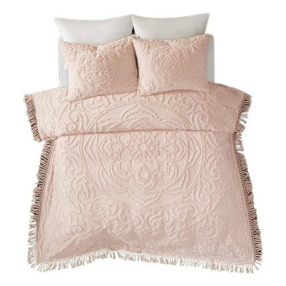 Pemberly Row 90x90" Cotton Medallion Fringe Coverlet Mini Set in Blush