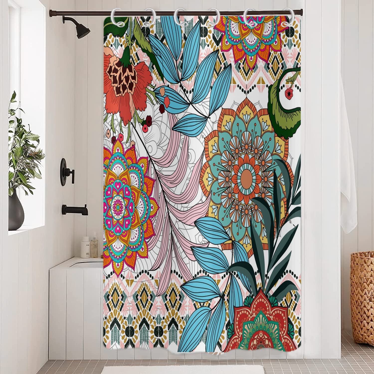 Boho Floral Shower Curtain, Retro Colorful Bohemian Mandala Flower