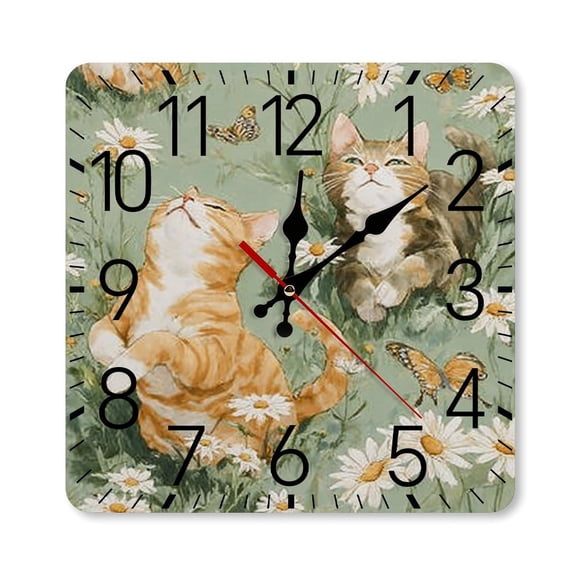 RKSupls 10×10inch Square Silent Wall Clock Wooden Frame, Cats Daisies Butterflies Scale Decorative Clock for Home Bedroom Living Room Office