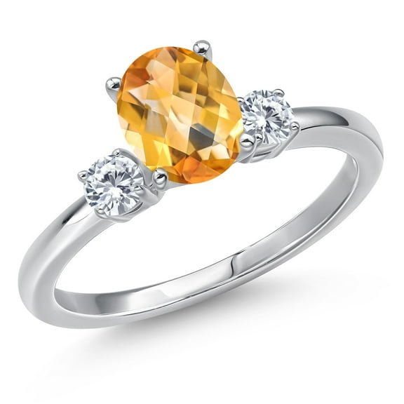 Gem Stone King 14K White Gold Yellow Citrine and Moissanite Engagement Ring for Women | 1.45 Cttw | Oval Checkerboard 8X6MM | Gemstone November Birthstone | Size 6