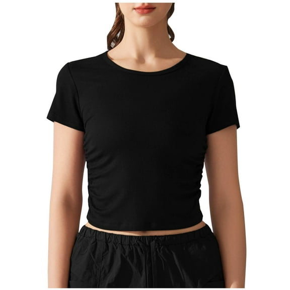 Mittory Short Sleeve Crop Tops for Women Trendy Cotton Slim Fitted Tees Basic Tshirts Tight Cropped T Shirts