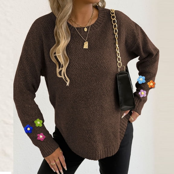 AUNVITO Womens Round Neck Sweaters Solid 3D Floral Knit Long Sleeve Pullover Tops Fall Winter Outfits