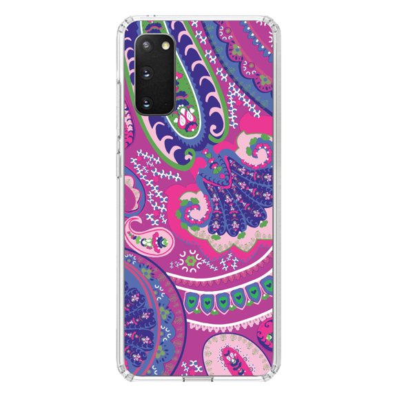DistinctInk Clear Shockproof Hybrid Case for Galaxy S20 ULTRA / 5G (6.9" Screen) - TPU Bumper, Acrylic Back, Tempered Glass Screen Protector - Pink Purple Green Paisley