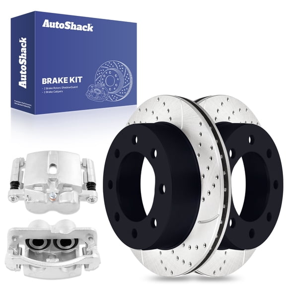 AutoShack Rear Drilled & Slotted Brake Rotors Calipers | Replacement for Chevrolet Silverado 2500 HD Classic Silverado 3500 HD GMC Sierra 2500 HD V8 4WD | E-Coated | 4-PC Brake Kit | ShadowGuard