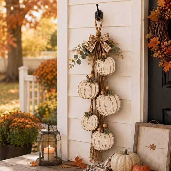 Rustic Wooden Pumpkin Door Hanging, Ready-to-Hang Farmhouse Accent, Cozy Harvest Fall Halloween Decor for Entryway & Living Room