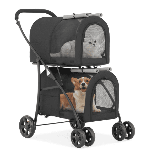 BEZT Double Pet Stroller with Detachable Carrier Bags Large 4 Wheels Foldable Jogger for Small and Medium Dog Cats, Black/Gray