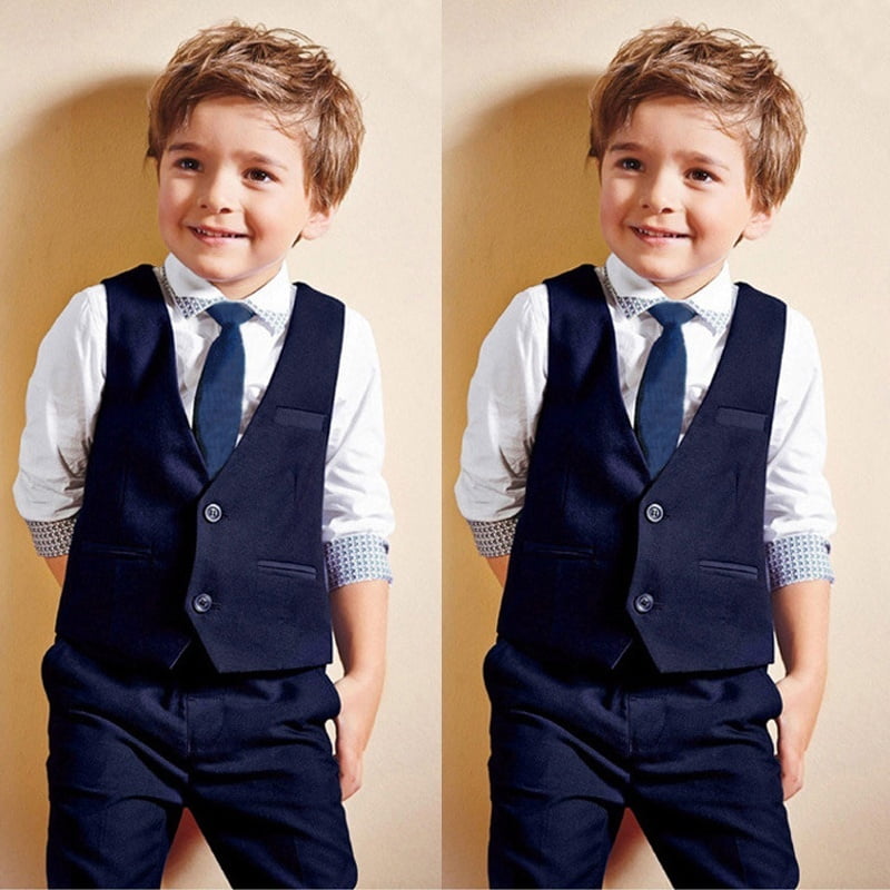4PCS Kids Baby Boy Outfits Vest+grid Shirt Pants+necktie Gentleman Clothes Set 