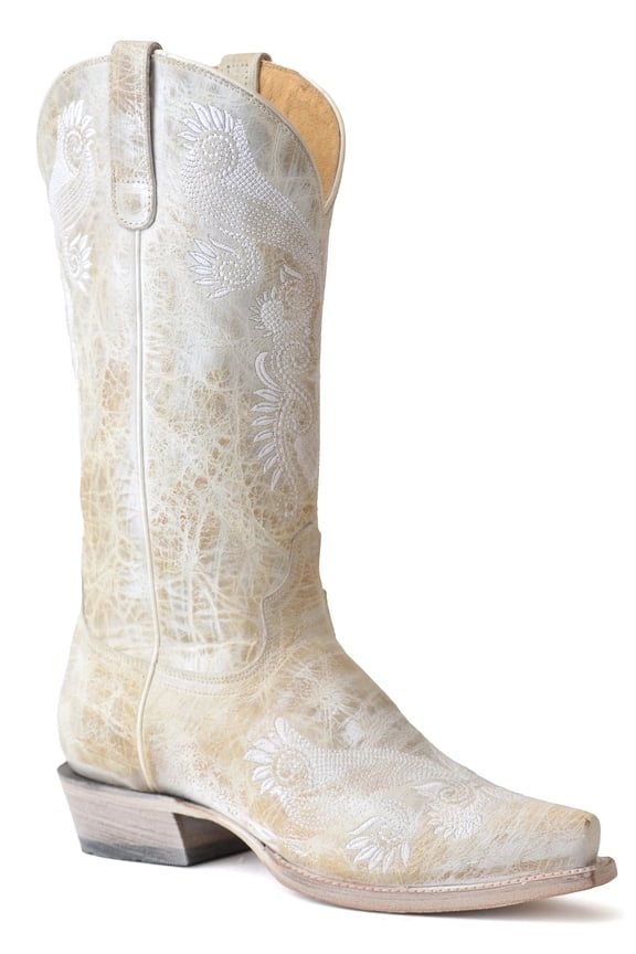 Women's Roper White Wedding Leather Boots Handcrafted White