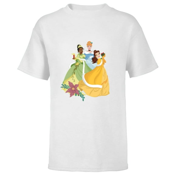 Disney Princess Tiana Cinderella and Belle Christmas Holiday - Short Sleeve T-Shirt for Kids - Customized-White