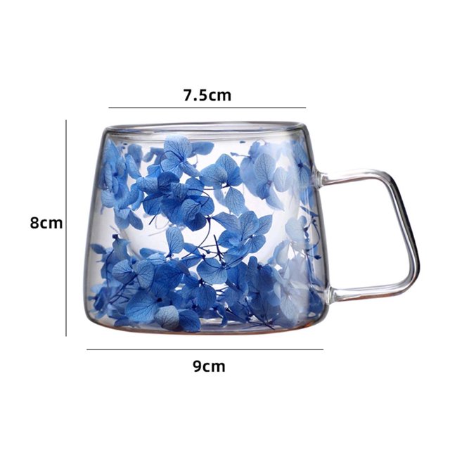 Taza de café de vidrio de doble pared AJKSFHIU con asa, taza de café con flores con capa aislante, tazas transparentes con flor de lavanda marina morada, perfecta para café, té, latte, jugo, taza de