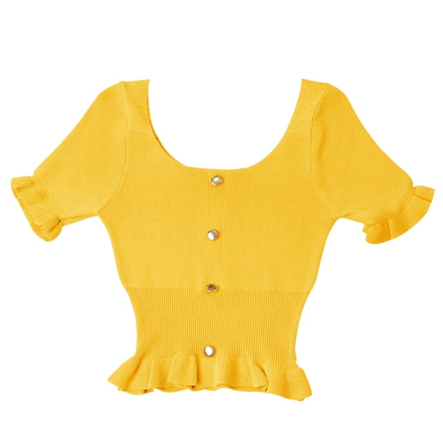 Camiseta de punto Mujer Manga corta Cuello cuadrado Slim Fit Botón Top, Amarillo Noticed AP001523-02B