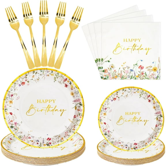 Wildflower Birthday Plates and Napkins set Women/Men Floral Disposable Tableware Set of 24 for Birthday Party Decorations (Plates, Napkin, Fork)