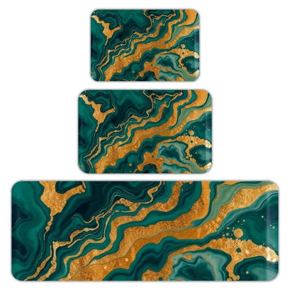 RKSupls Kitchen Rug Set 3 Piece Anti-Slip Flannel Floor Mats, Marble Emerald Gold Washable Absorbent Runner Mats for Kitchen Bathroom Home Decor
