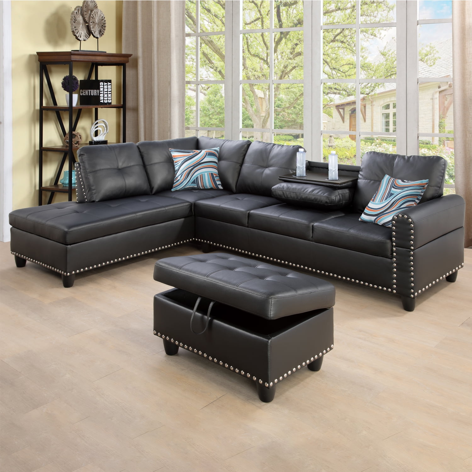 Black Faux Leather 3-Piece Modular Sofa Set with Storage Ottoman & Reversible Cup Holder – Solid Wood Frame, Double Springs, Living Room/Bedroom Furniture