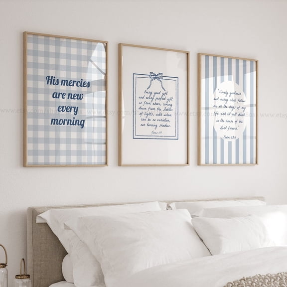 Blue Bible Verse Christian Art Christian Teen Room Decor Coquette Aesthetic Set 3 Unframed Paper Print 8x12