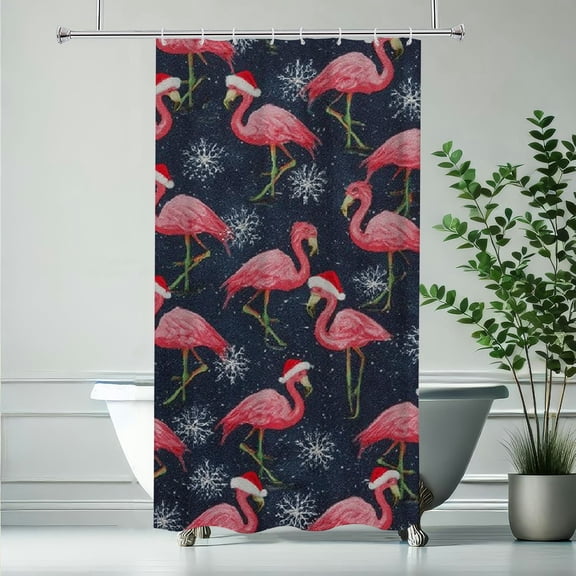 RKSupls Christmas Shower Curtain, Pink Flamingos Signs Curtain with Hooks for Christmas Home Bathroom Decor Washable Curtains, 36x72 in
