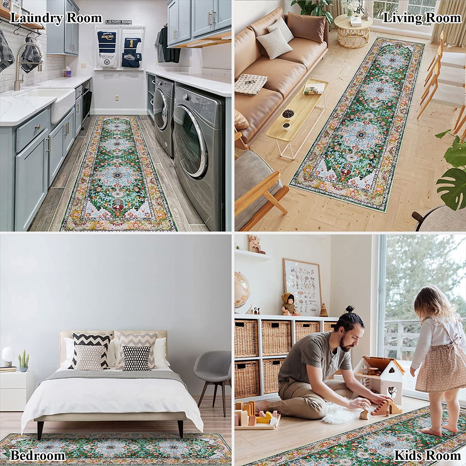 Findosom 2'x8' Vintage Boho Runner Rug Washable Non-slip Area Rug,Hallway Indoor Farmhouse Bedroom Kitchen Living Room Non Shedding Runner, Contemporary Low Plie Floor Carpet Doormat,Green
