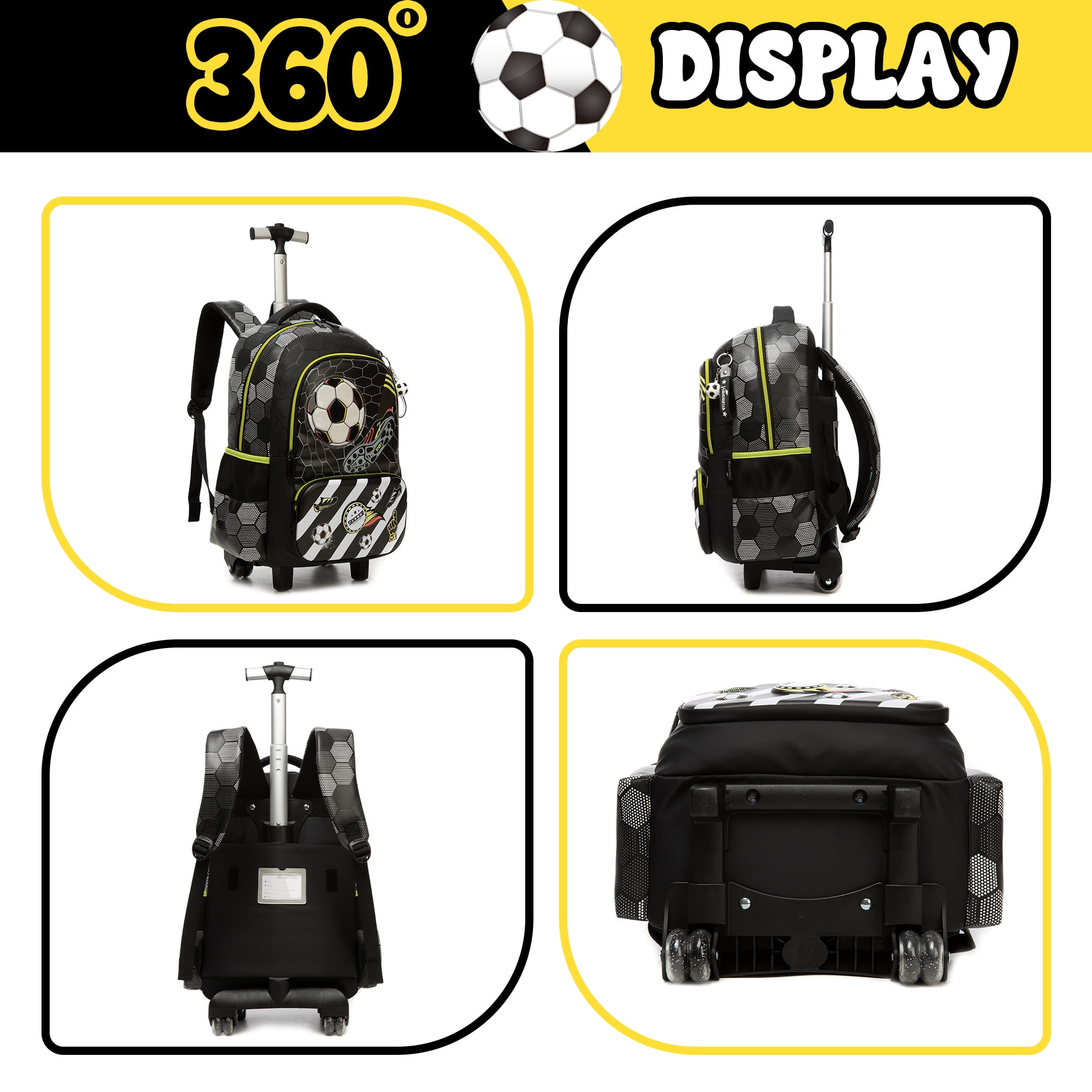 Boys Roling School Backpack with Wheels 3-Piece Wheeled Kids Backpacks with Lunch Box Pen Bag for Pupil Luggage Ages 6-12 Black Soccer