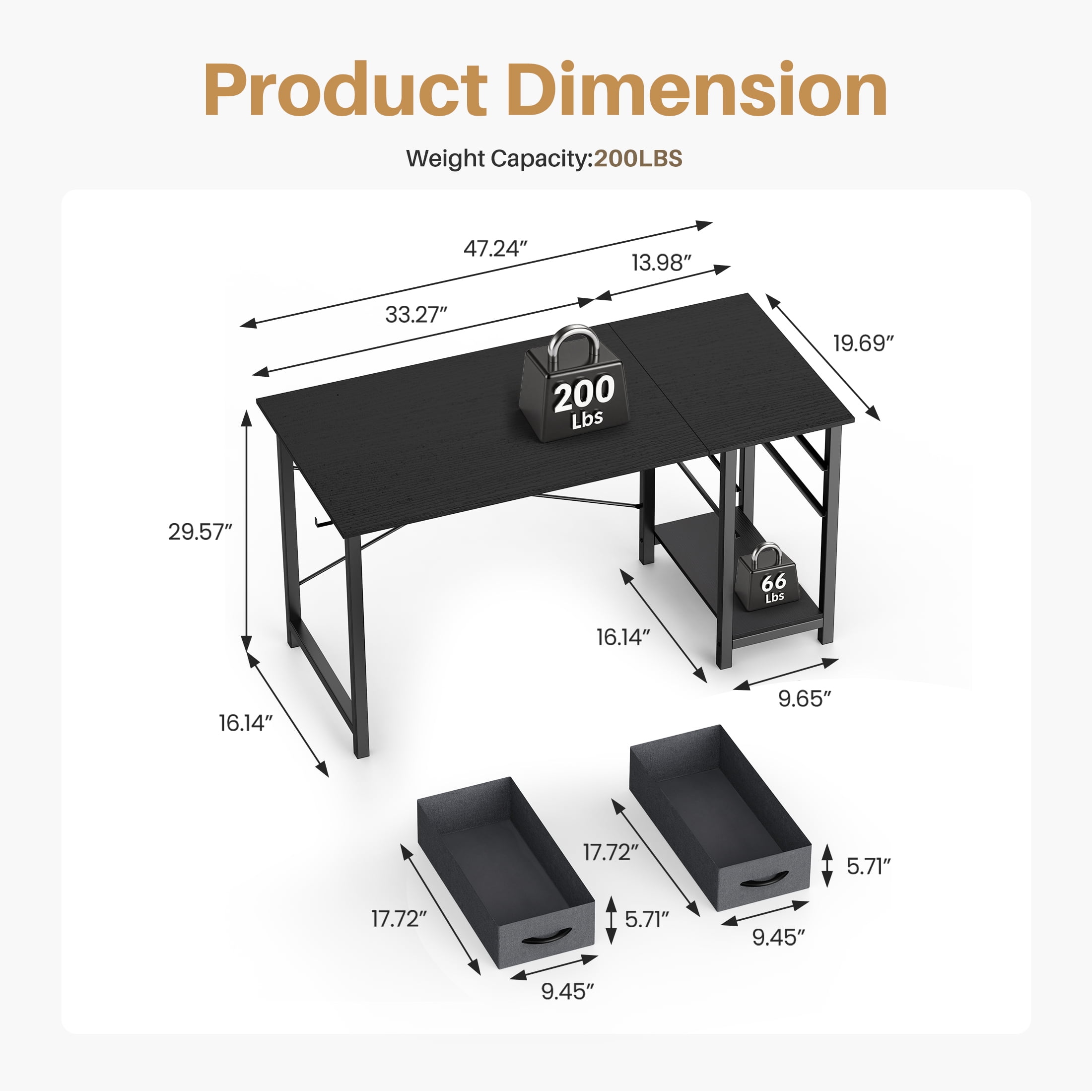 edx 47” Home Office Computer Desk with 2 Fabric Drawers, Storage Shelf, X-Frame Support, Spacious Computer Workstation Writing and Study Desk,Black Grain