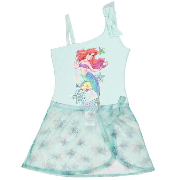 Disney The Little Mermaid, Minnie Mouse Girls Swimsuit Set, One Piece Bathing Suit and Coverup Skirt, Swimwear for Kids (Size 2T-6X)