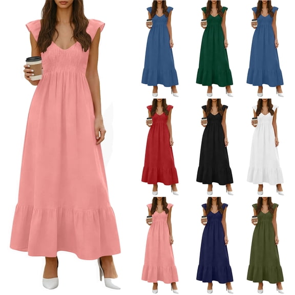 Women's Summer Maxi Dresses Casual Floral Sleeveless V Neck Boho Beach Vacation Swing Dress with Pockets EVF Pink L