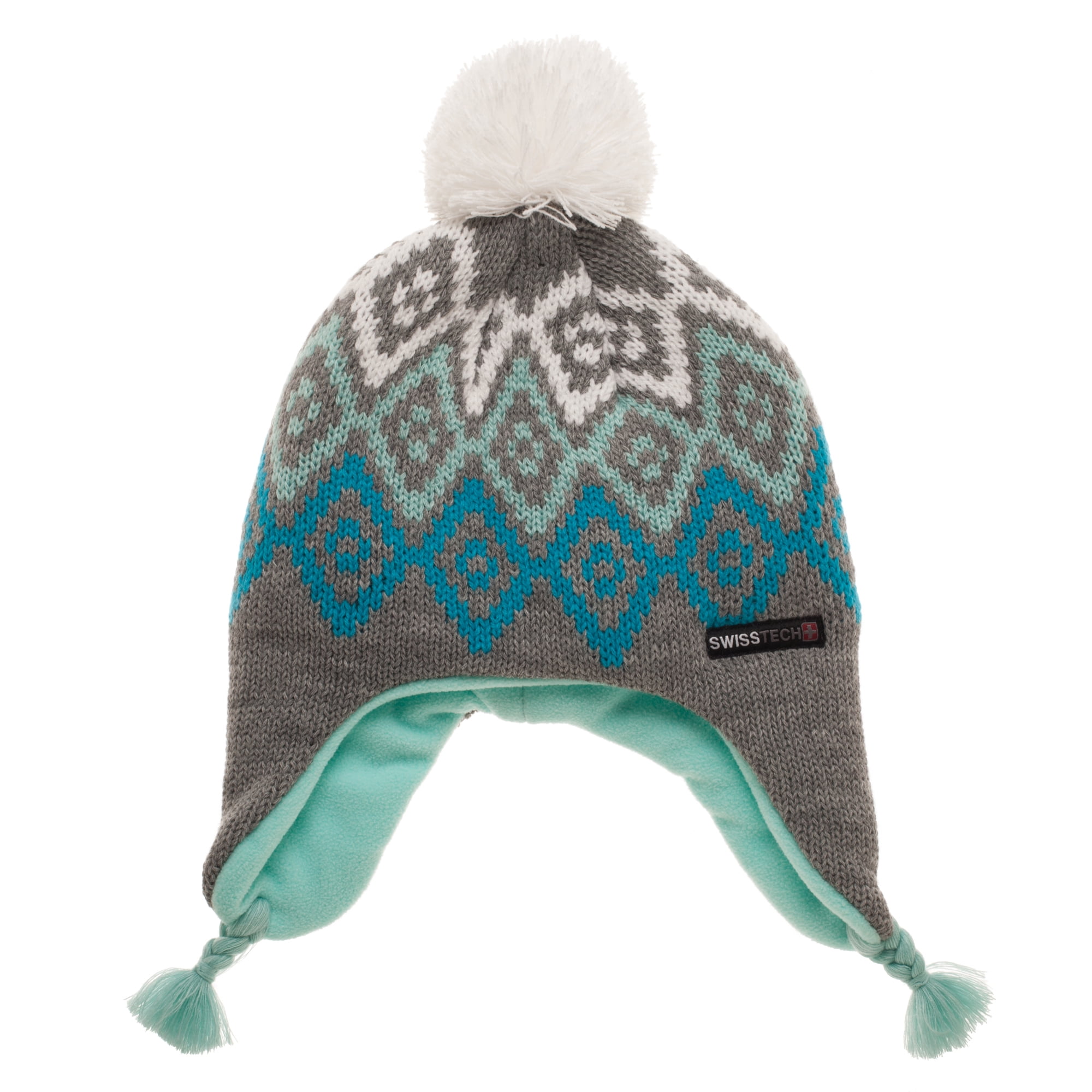 SWAK Girls Micro-Fleece Lined Knit Hat Ear Flaps Pom Top in 3 Colors