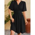 thumbnail image 3 of Honganda Robe Midi Femme Couleur Unie Manches Courtes Col en V Robe Été Mode Décontractée Robe Trapèze, 3 of 9