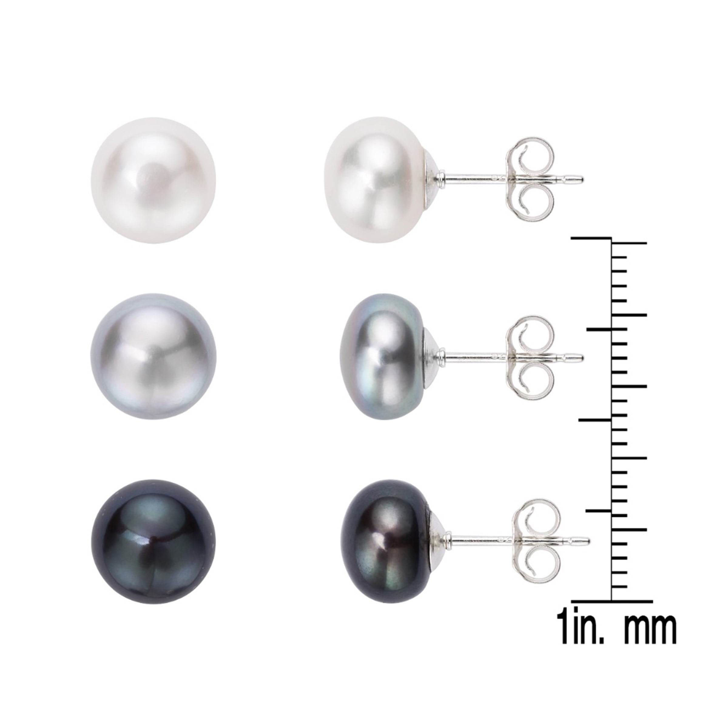 Cultured Pearl Stud Earrings Sterling Silver Set of 3