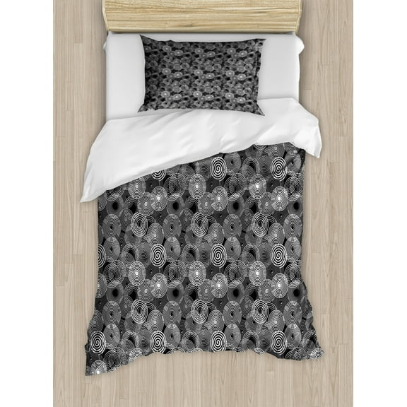 Abstract Duvet Cover Set Twin Size, Jumbled and Superimposed Spiral Figures Pattern in Repeating Form, Decorative 2 Piece Bedding Set with 1 Pillow Sham, Black White and Pale Grey, by Ambesonne