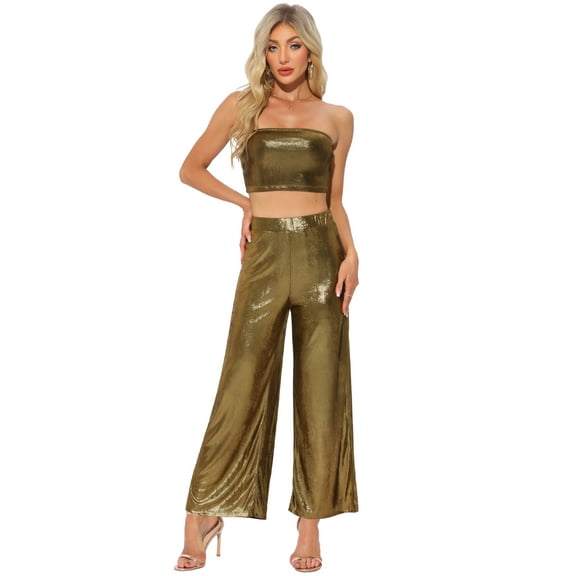 DARING DIVA Women's Metallic Party Club Flare Pants Cropped Tops Outfits XS Black Gold
