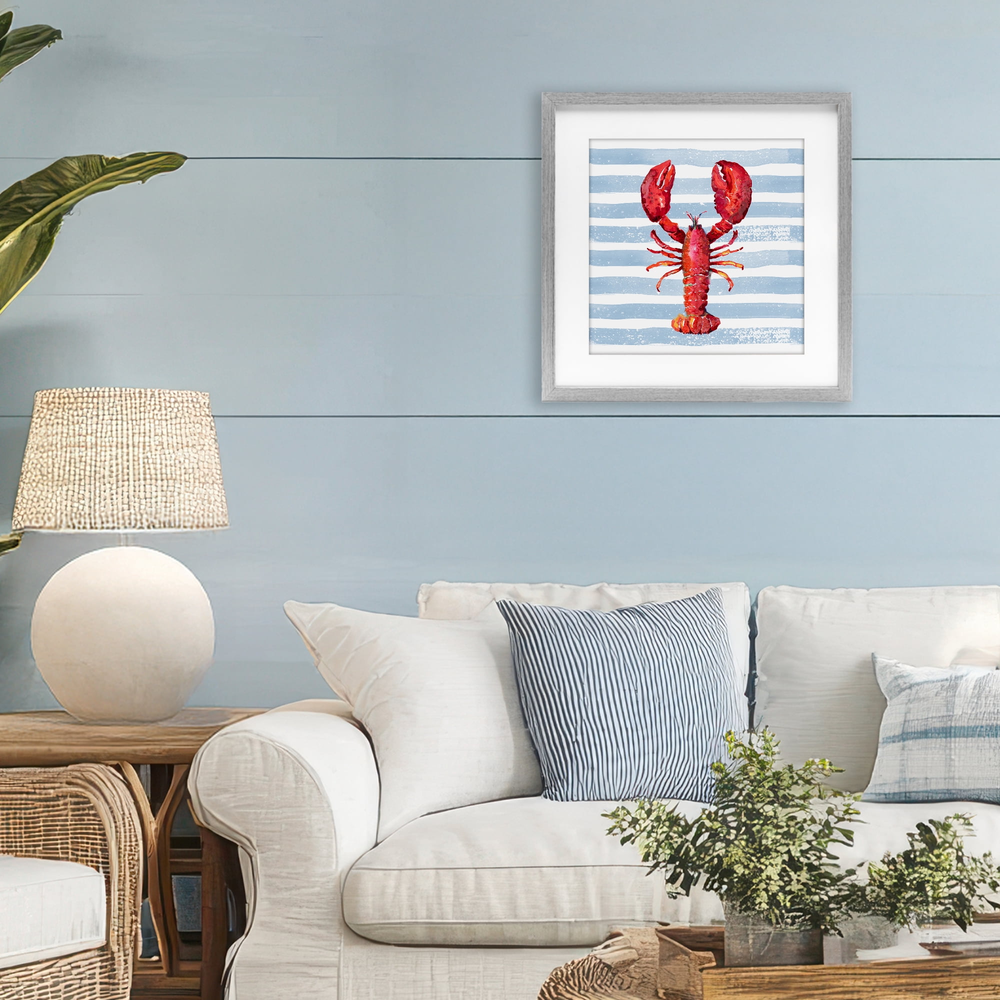 Stupell Industries Red Lobster on Blue Stripes Gray Framed Print Under Glass, design by Patricia Pinto