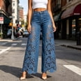 thumbnail image 2 of Women's Boho High Waist Flare Jeans Hollow Lace Patchwork Wide Leg Denim Pants Scalloped Hem Casual Y2K Streetwear Fashion Bottoms Blue, 2 of 7
