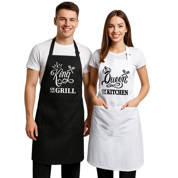 Aspire 2 Pcs Apron Set for Couples, Cooking Aprons with Adjustable Neck Strap for Engagement, Wedding - Queen and King