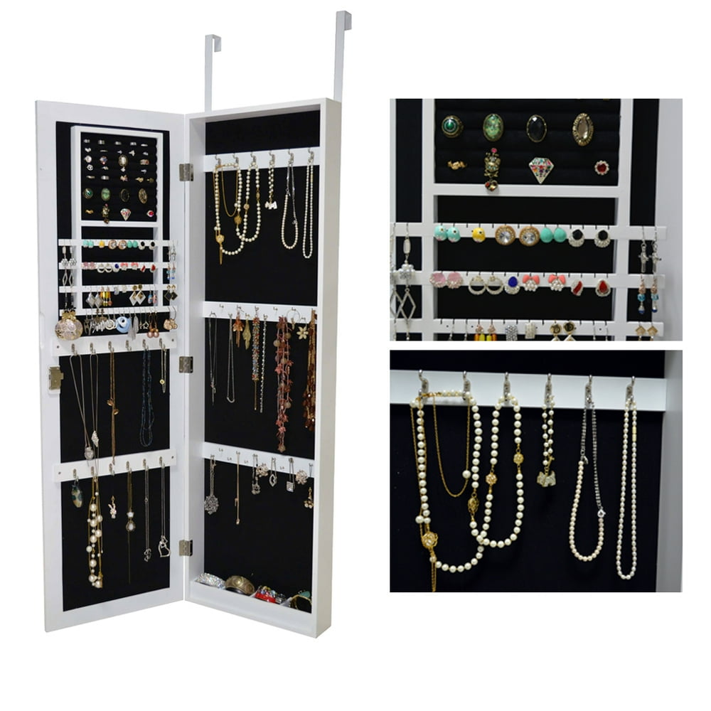 Organizedlife White Mirrored Jewelry Armoire Door Locking Wall