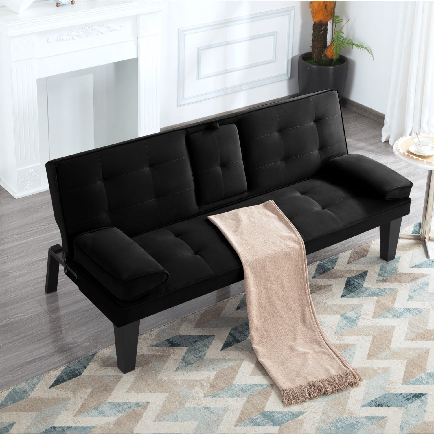 Gewnee Futon Sofa Bed Modern Sofa Couch Convertible Sofa Sleeper for Living Room with 2 Cup Holders, Removable Armrests (Black)