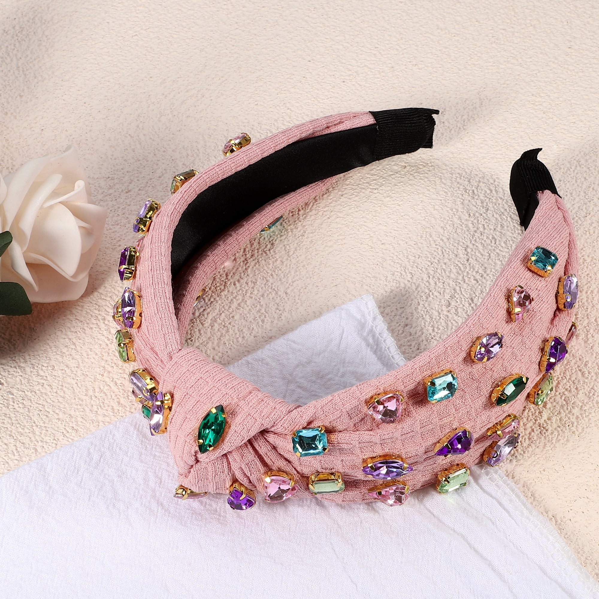 Unique Bargains Rhinestone Retro Knotted Headband Pink 5.12"x1.26"