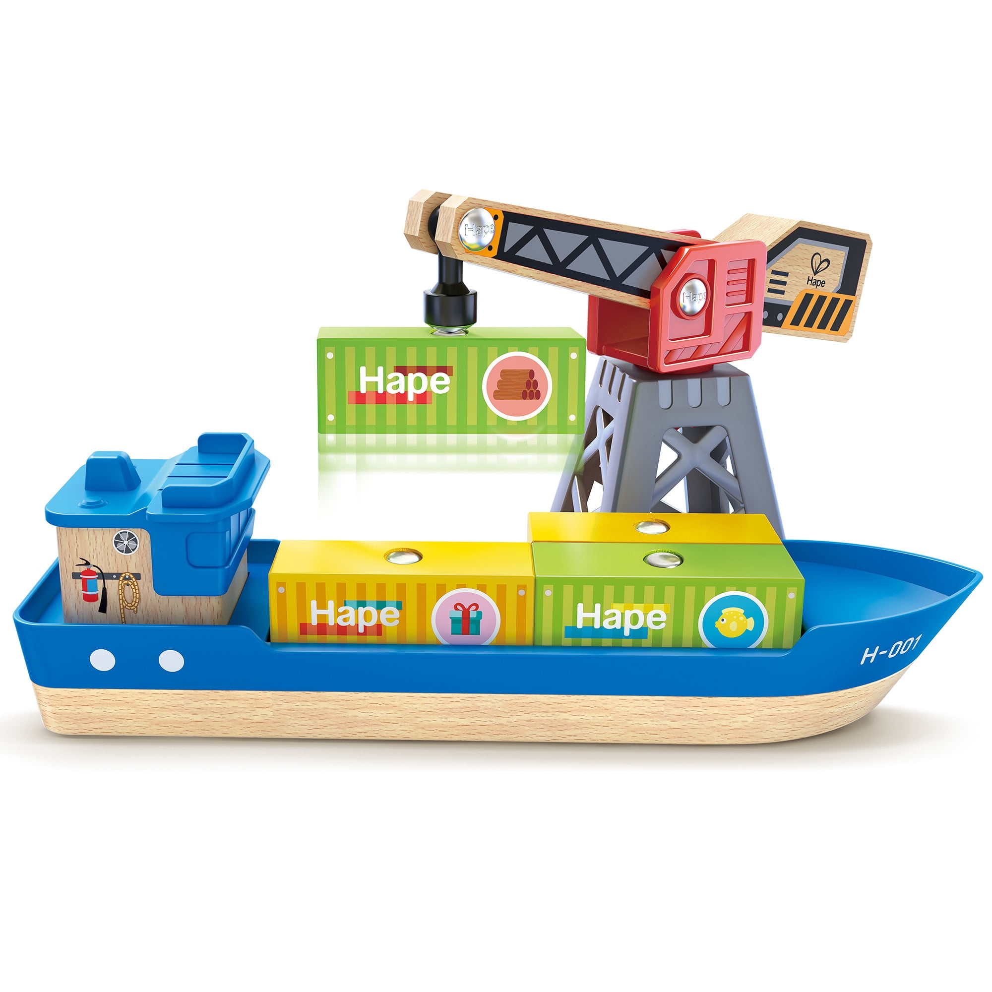 Hape: Cargo Ship & Crane - 6 pc Train Playset, Functional Crane, Wooden Toy, Magnetic Linking, Cargo Accessories, Push & Pull, Kids Ages 3+