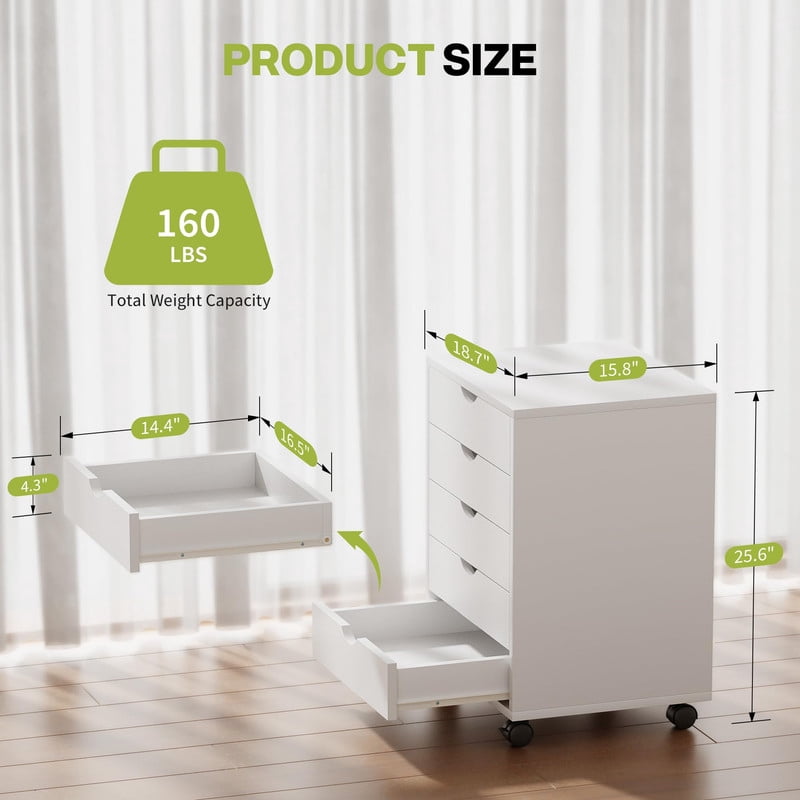 Simple Deluxe Adult 5-Drawer Chest with Wheels, Mobile Wood Storage Dresser for Office Bedroom Closet, White