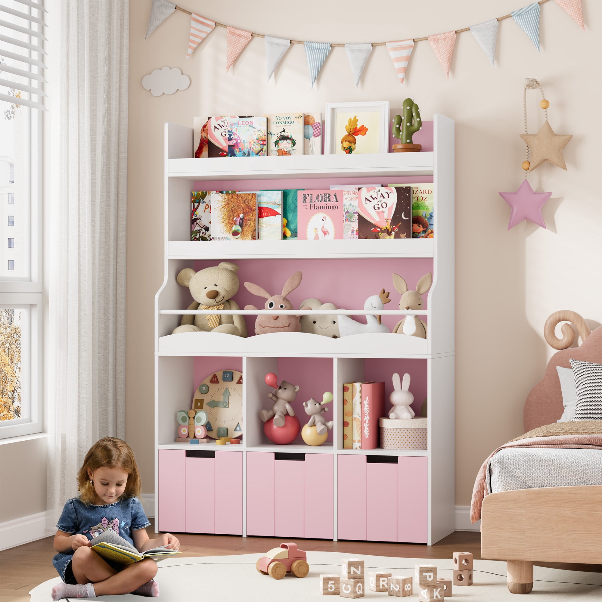 Homfa 55.5” H Kids Bookshelf with 2-Tier Book Shelves, Children Toy Organizer with 3 Cubes and Removable Drawers, Pink & White