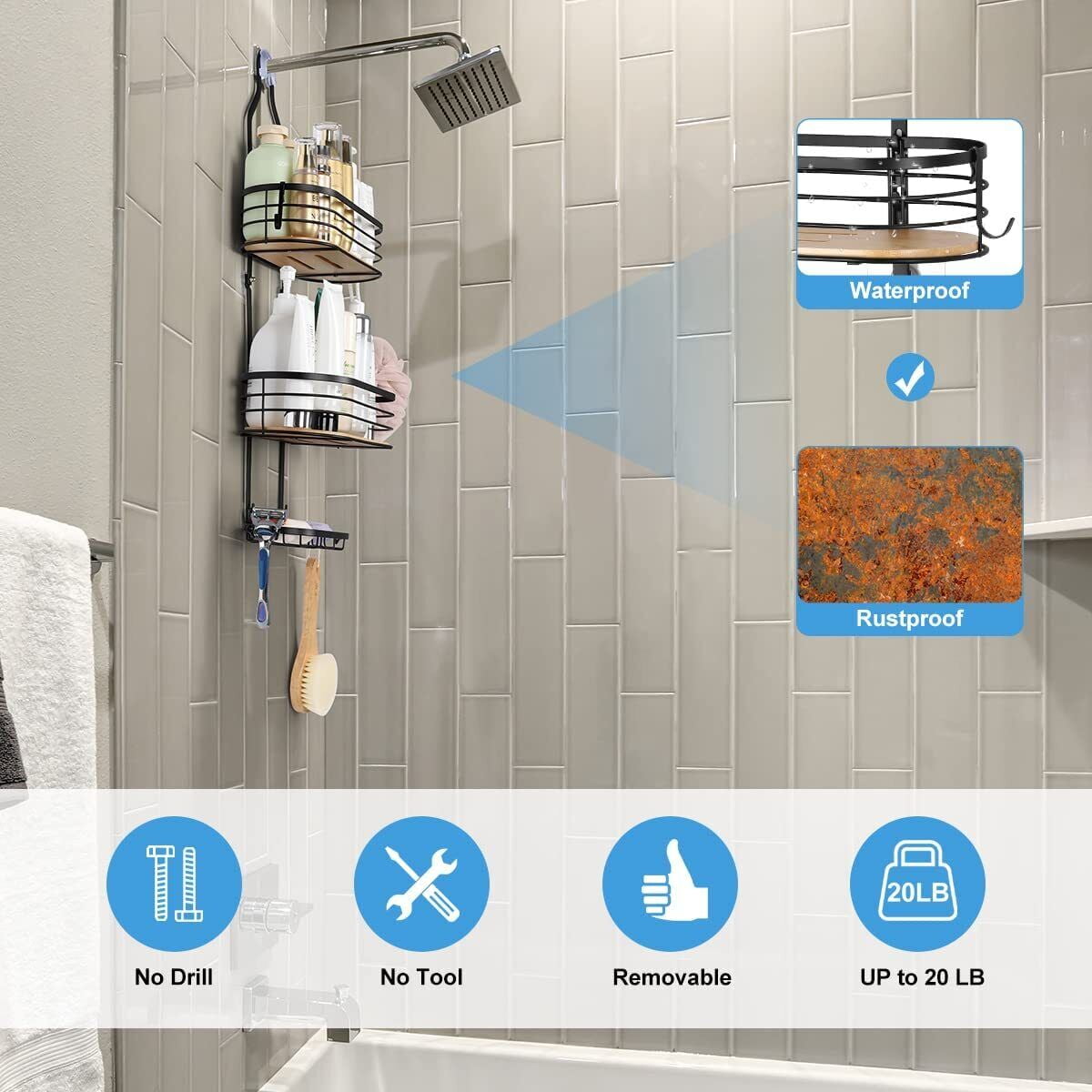 3 Tier Bathroom Over Head Shower Caddy Shower Storage Rack With Soap