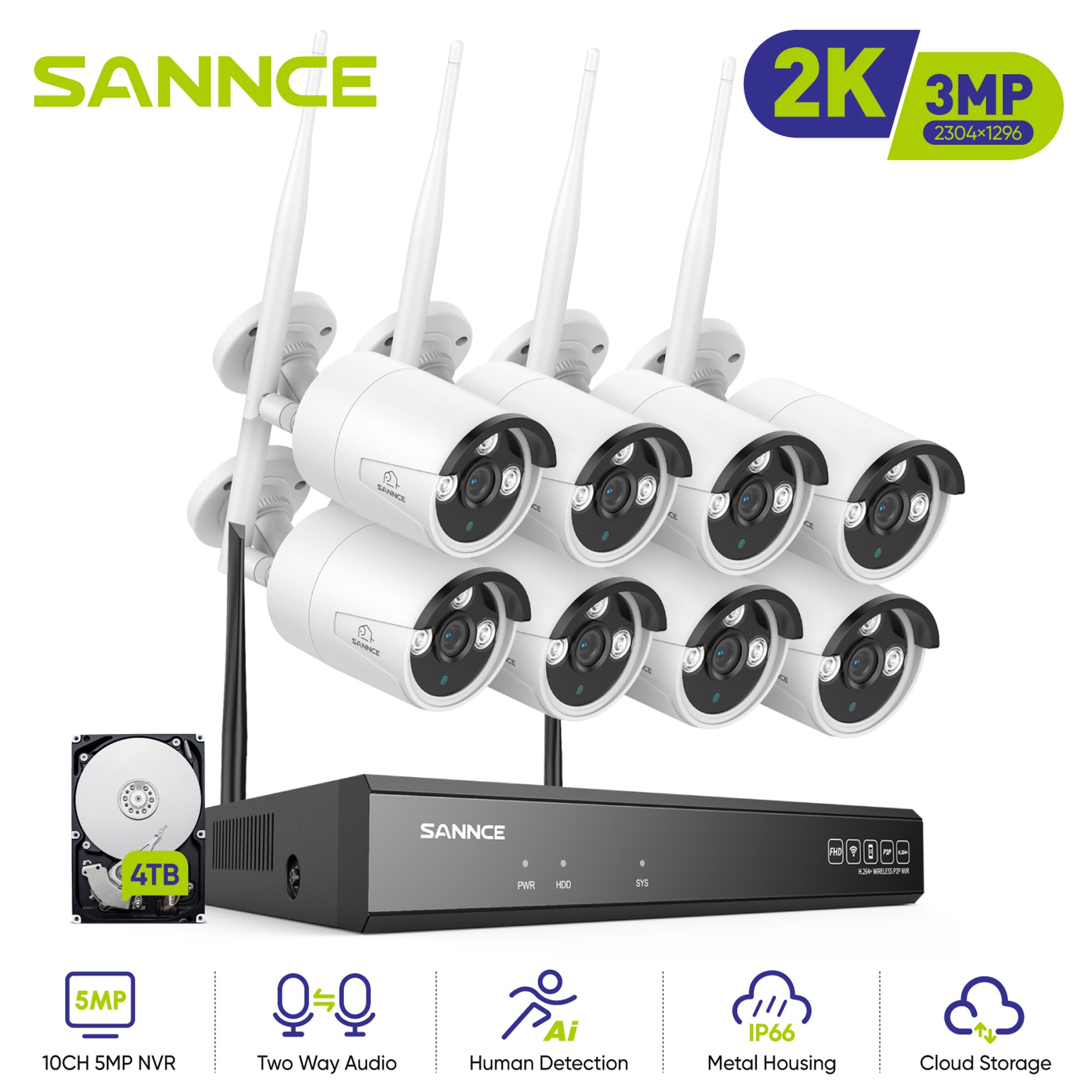 SANNCE 8CH Wireless NVR CCTV System 8PCS 3MP IP Camera WIFI Audio Recording IR Night Vison CCTV Home Security Camera Surveillance Kit with 4T Hard Drive Disk