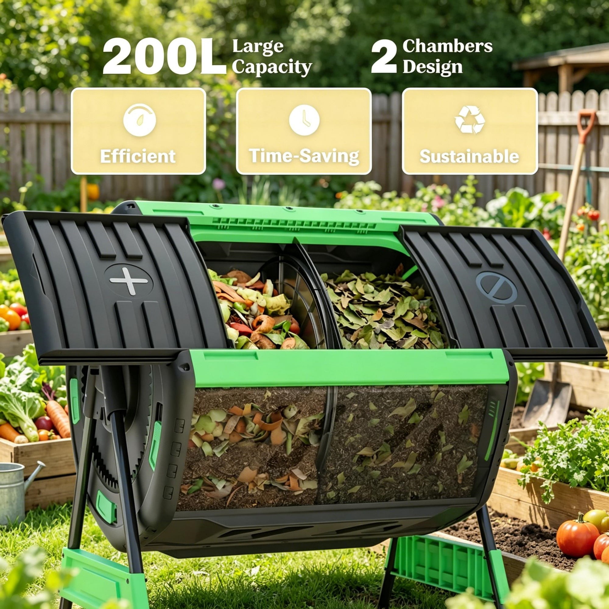 Dual Chamber Rotating Compost Tumbler with Elevated Metal Base, 360° Rotatable BPA-Free Compost Bin with Adjustable Vents for Backyard Garden